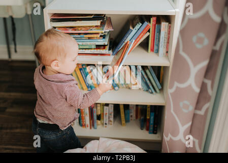 Baby boy in living room removing story book from bookshelves Stock Photo