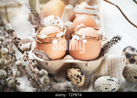 Happy Easter. Congratulatory easter background. Easter eggs and flowers. Selective focus. Horizontal