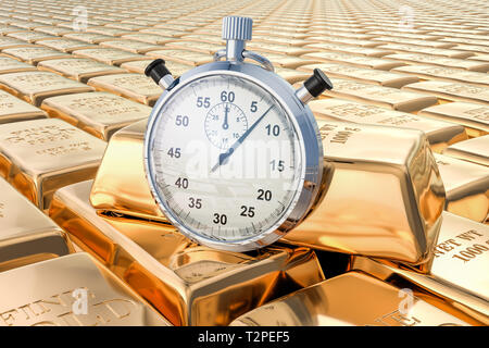 Gold ingots with stopwatch, 3D rendering isolated on white background ...