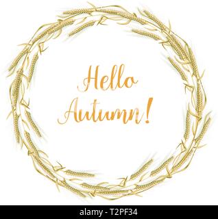 Vector illustration of a wreath made of wheat spikelets isolated on a white background with space for text.. Template, seal, design element. Stock Vector