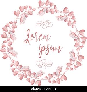 The Wreath of pink flowers. Round romantic flower frame and lettering Happy wedding Day . Vector hand drawn illustration. Greeting card Stock Vector