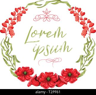Circular watercolor wreath with bright poppies, red flax flowers and green leaves on white background. Floral wedding invitation and greeting card. Ha Stock Vector
