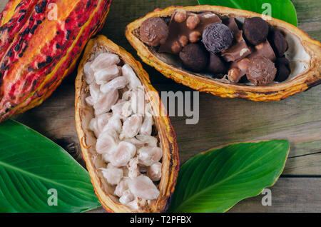 Open cocoa cob and pieces of chocolate on wooden background. Top view. Stock Photo