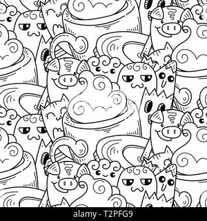 Doodle hand-drawn cartoon with smiles and taste, coffee shop theme seamless pattern. Kawaii detailed, with lots of objects vector background for color Stock Vector