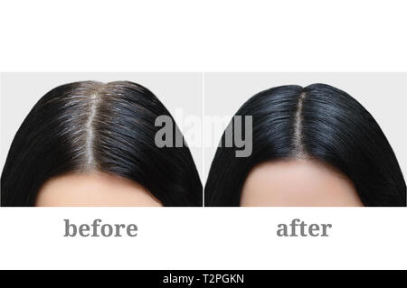 Head of a girl with black gray hair. Hair coloring. Before and after. Stock Photo