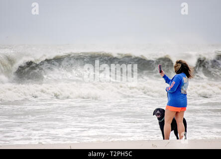 A woman stands beside her dog as she makes a video of waves kicked up by the approach of Tropical Storm Gordon, Sept. 4, 2018, in Dauphin Stock Photo