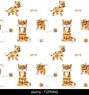 Kids seamless pattern with cute sitting colorful cats. Thoughtful doodle orange kittens isolated on white background. Texture for textile, wrapping pa Stock Vector