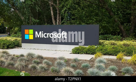 REDMOND, WASHINGTON, USA- SEPTEMBER 3, 2015: exterior view of microsoft sign on the street at the companies headquaters in redmond, washington. Stock Photo
