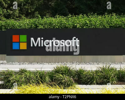 REDMOND, WASHINGTON, USA- SEPTEMBER 3, 2015: close up exterior view of the microsoft windows logo and name at their seattle headquaters. microsoft is  Stock Photo