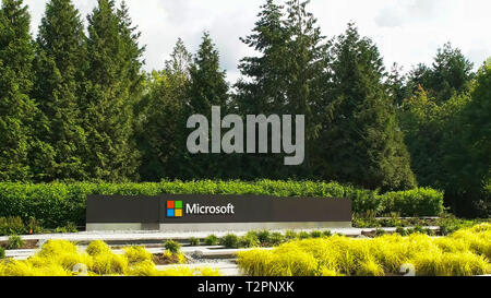 REDMOND, WASHINGTON, USA- SEPTEMBER 3, 2015: wide view of the microsoft windows logo and name at their seattle headquaters. microsoft is a multination Stock Photo