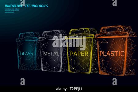 Low poly waste separation 3D concept. Garbage recycle plastic aluminium paper glass container bin. Polygonal ecological save planet campaign. Urban tr Stock Vector
