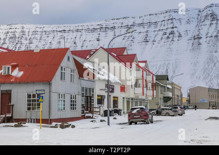 Commercial street in Ísafjörður, located along the large fjord known as Ísafjarðardjúp, in the Westfjords region of Iceland [No property release; avai Stock Photo