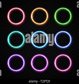 Circle background. Round frames collection. Colorful glowing circle logo set on transparent background. Neon banners design for internet web usage fly Stock Vector