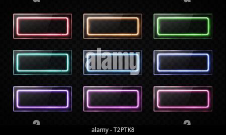 Glossy buttons set. Colorful led halogen lamp web banners collection with glass texture plates. Rectangle frames with blank text place on transparent  Stock Vector