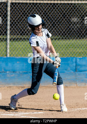 High school female softball player in white uniform making contact with ball and bat during game. Stock Photo