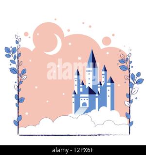 Castle in the moonlight in the clouds. Vector illustration for children fairy tales book. Stock Vector