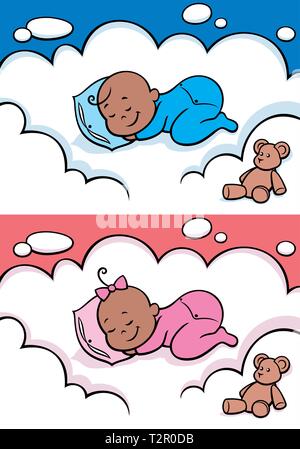 Cartoon baby sleeping on cloud. The illustration is in 2 versions for baby boy and baby girl. You can extend the color of the sky or the white color o Stock Vector