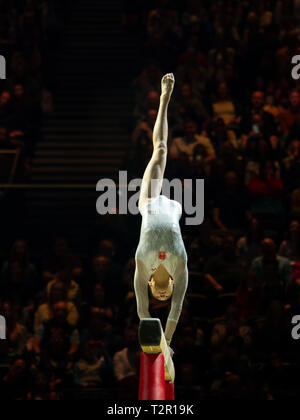 Birmingham, England, UK. 23 March, 2019. China's Jieyu Liu in action during the women's beam competition, during the 2019 Gymnastics World Cup, at the Stock Photo