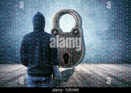 hacker in cyber reality room of binary code, protected information hacking concept, mixed media Stock Photo
