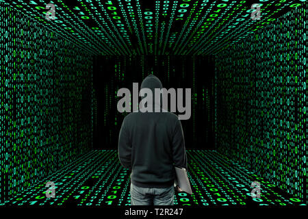 programmer or hacker in cyber reality room of binary code, mixed media Stock Photo