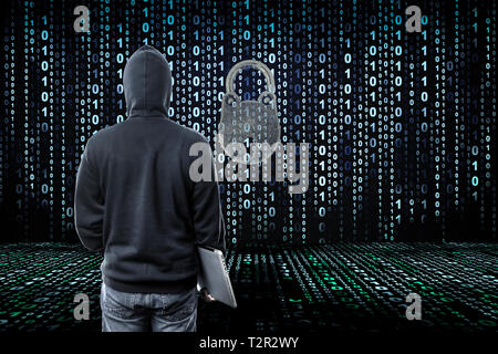 hacker in cyber reality room of binary code, protected information hacking concept, mixed media Stock Photo