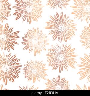Copper foil Aster Dahlia Flowers elegant seamless vector pattern. Metallic rose gold shiny floral background. Hand drawn feminine art for web banner, Stock Vector