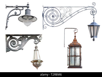 Set of old vintage rusty street lamps and lanterns isolated on white background, front view real picture collection Stock Photo
