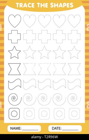 learning for children, drawing tasks. trace the geometric shapes around the contour. Stock Vector