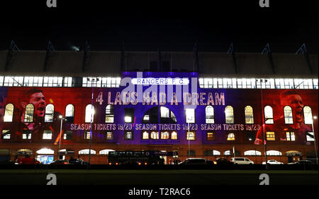 A projection is displayed onto the facade of the main stand at Ibrox after the Ladbrokes Scottish Premiership match at Ibrox Stadium, Rangers. Stock Photo