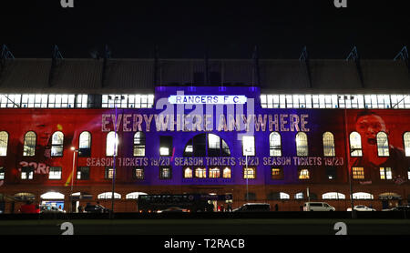 A projection is displayed onto the facade of the main stand at Ibrox after the Ladbrokes Scottish Premiership match at Ibrox Stadium, Rangers. Stock Photo