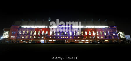 A projection is displayed onto the facade of the main stand at Ibrox after the Ladbrokes Scottish Premiership match at Ibrox Stadium, Rangers. Stock Photo