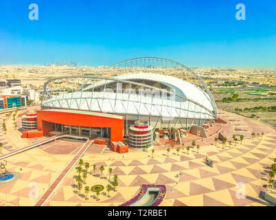 Doha, Qatar - February 21, 2019: aerial view of Khalifa International Stadium or National Stadium, Qatar's principal football stadium in Aspire Park.  Stock Photo