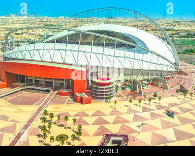 Doha, Qatar - February 21, 2019: closeup of top view of Khalifa International Stadium, Qatar's principal football stadium in Aspire Park. The stadium  Stock Photo