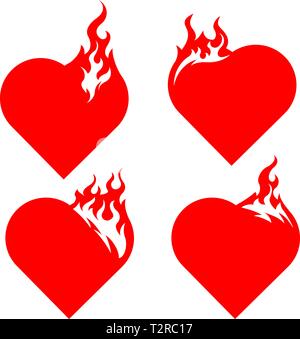 4 bonfire icon burning hearts on white background Stock Vector