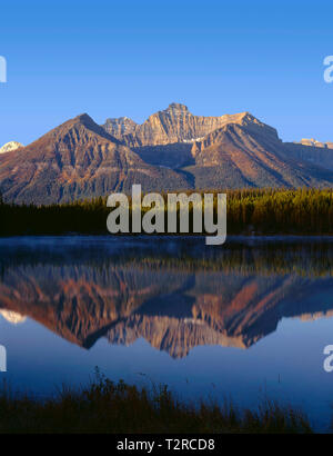 Canada, Alberta, Banff National Park, Sunrise light on the Bow Range reflects in Herbert Lake. Stock Photo