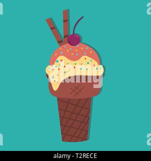 ice cream with chocolate waffle cone vector icon illustration Stock Vector