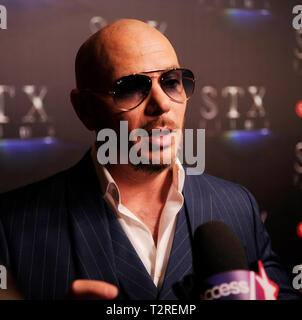 Rapper/Actor Armando Christian Pérez aka Pitbull arrives at the STXfilms presentation red carpet for CinemaCon's 'The State Of The Industry: Past, Present and Future' at The Colosseum at Caesars Palace on April 2, 2019 in Las Vegas, Nevada. Stock Photo