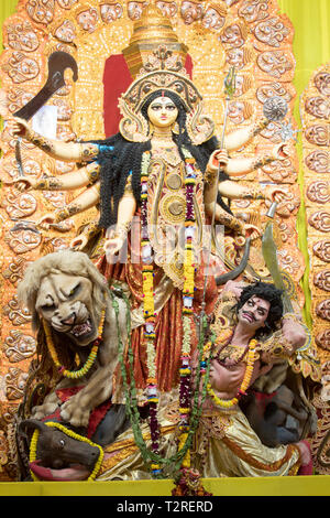 Kolkata, INDIA - OCTOBER 7, 2016: Potrait Of Goddess Durga idol at a South Kolkata famous Durga puja temple (pandal) on 'Maha Ashtami'. Stock Photo