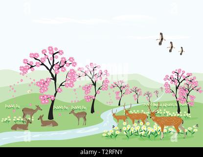 Herds of deer are resting under the cherry trees in the green meadows with long streams. With a white sky as the background Stock Vector