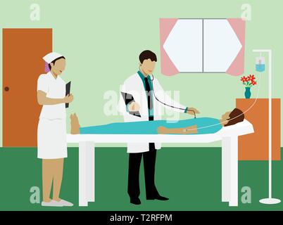 The doctor was examining the sick, lying in bed with a nurse standing next to a special room. Stock Vector