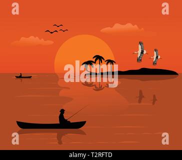 Silhouette of a man on a small boat that is fishing There is an island and the sunset background Stock Vector
