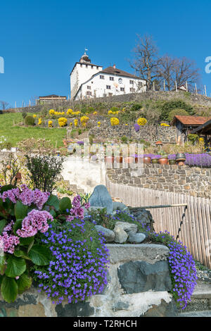 Werdenberg, SG / Switzerland - March 31, 2019: historic Werdenberg castle with colorful spring flowers in the foreground Stock Photo