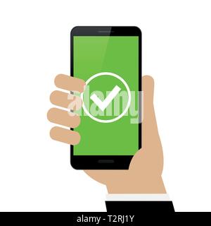 male hand is holding a black smartphone with green check symbol isolated on white background vector illustration EPS10 Stock Vector