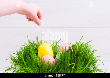 Easter hunt concept. A child take pastel egg from grass by rope. Copy space Stock Photo
