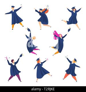 Graduating students. Group of fun people. Boys and girls are happy dancing, laughing and jumping. Throw up mortarboards and diplomas. Celebrating univ Stock Vector