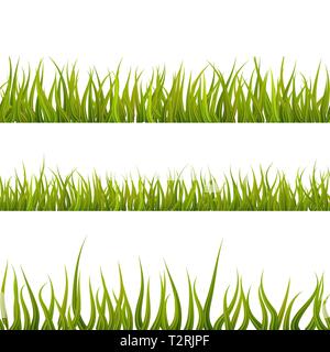 Bright detailed green grass, lush seamless borders isolated on white Stock Vector