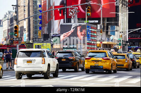 New York, USA - 29 June 2018: Traffic jam at Broadway, oldest north – south main thoroughfare in New York City. Stock Photo