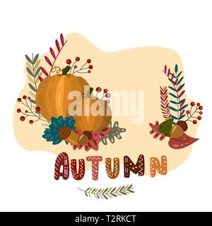 Autumn background with cute lettering ,pumpkin, foliage. vector illustration, post card, greeting card print Stock Vector