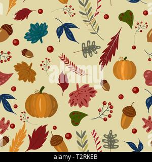 Autumn seamless patern with pumpkin, fall leaves, acorns Vector illustration Stock Vector