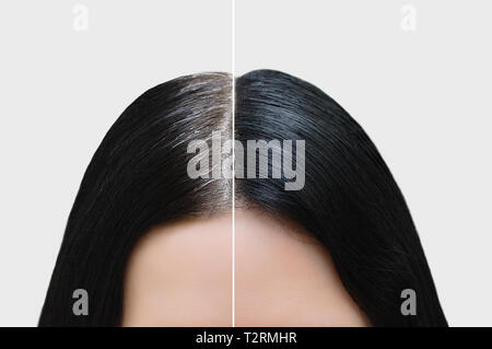 Head of a girl with black gray hair. Hair coloring. Before and after. Close-up. Stock Photo
